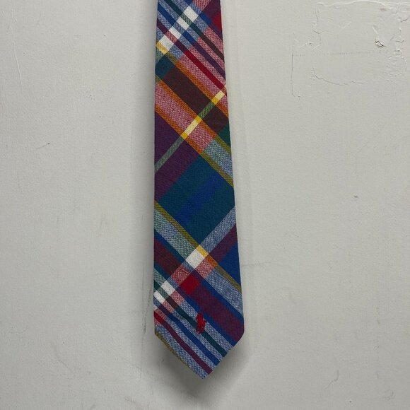 Polo Ralph Lauren Tie Multicolor Plaid 100% Cotton Hand Made USA Colorful Pony - Picture 1 of 6